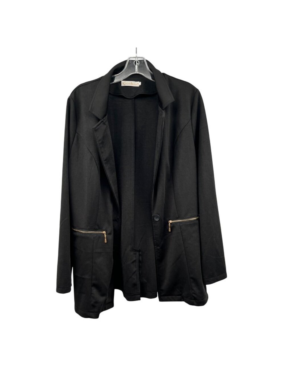 Genhoo Womens Blazer Jacket Single Button Black Zip Pockets Size Large